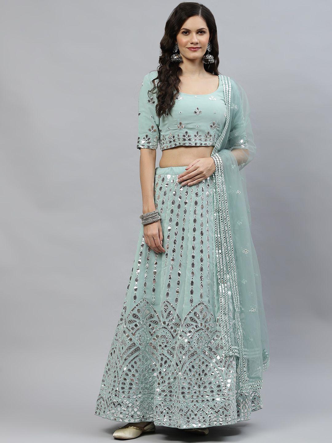 shubhkala sea green embellished sequinned semi-stitched lehenga & unstitched blouse with dupatta