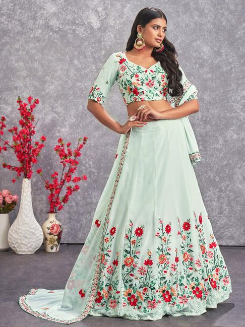 shubhkala sea green embroidered lehenga and choli set with dupatta