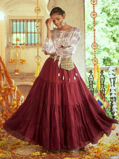 shubhkala white & maroon printed crop top and skirt set