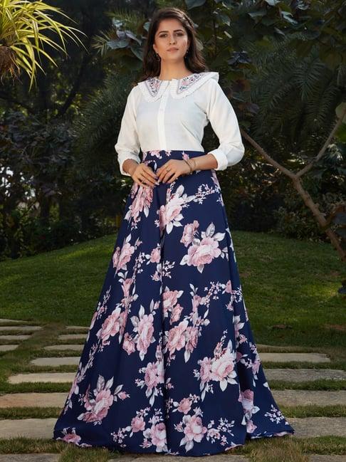 shubhkala white & navy embroidered crop top and skirt set