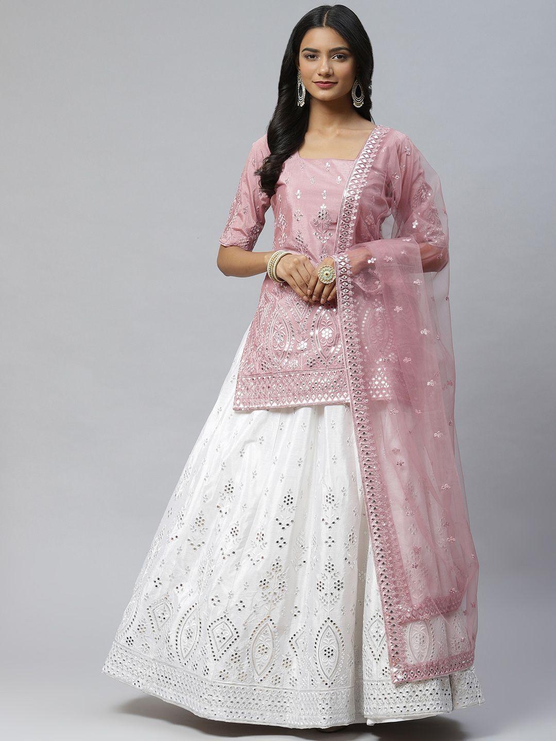 shubhkala white & pink embroidered mirror work semi-stitched lehenga & unstitched blouse with dupatta