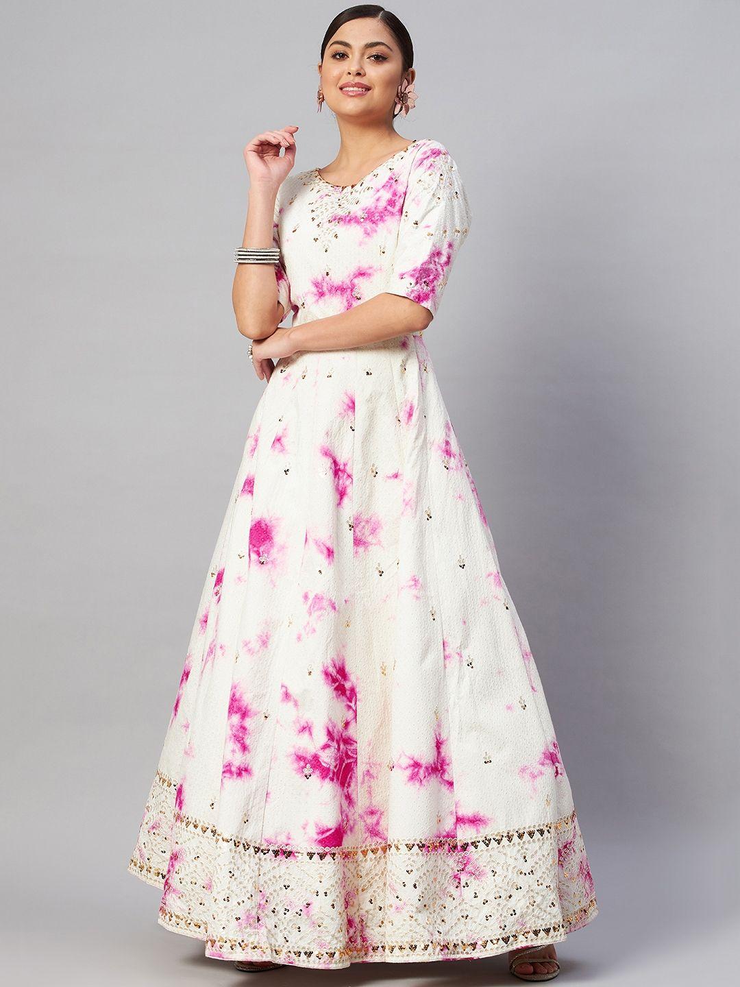 shubhkala white & pink embroidered semi-stitched dress material