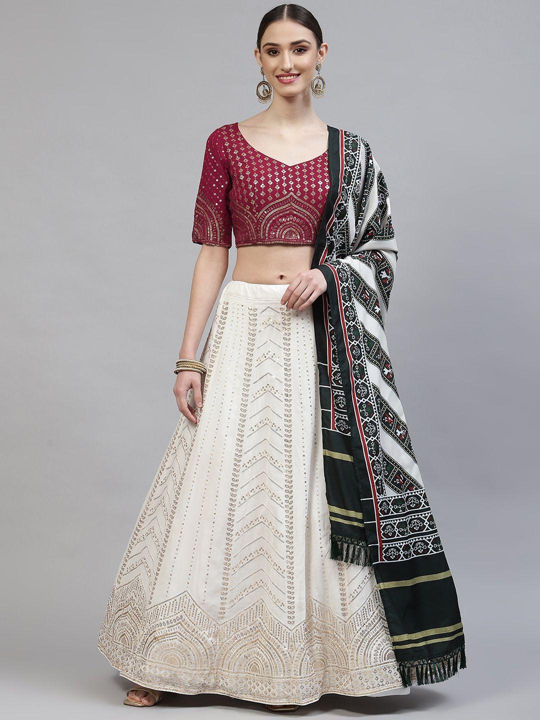 shubhkala white & red embroidered sequinned semi-stitched lehenga & blouse with dupatta