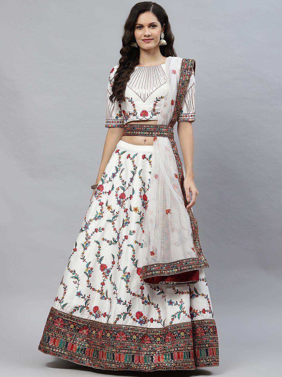 shubhkala white embroidered sequinned semi-stitched lehenga & unstitched blouse with dupatta