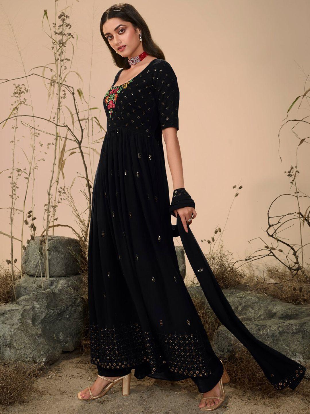 shubhkala women black floral embroidered regular kurta with palazzos & with dupatta