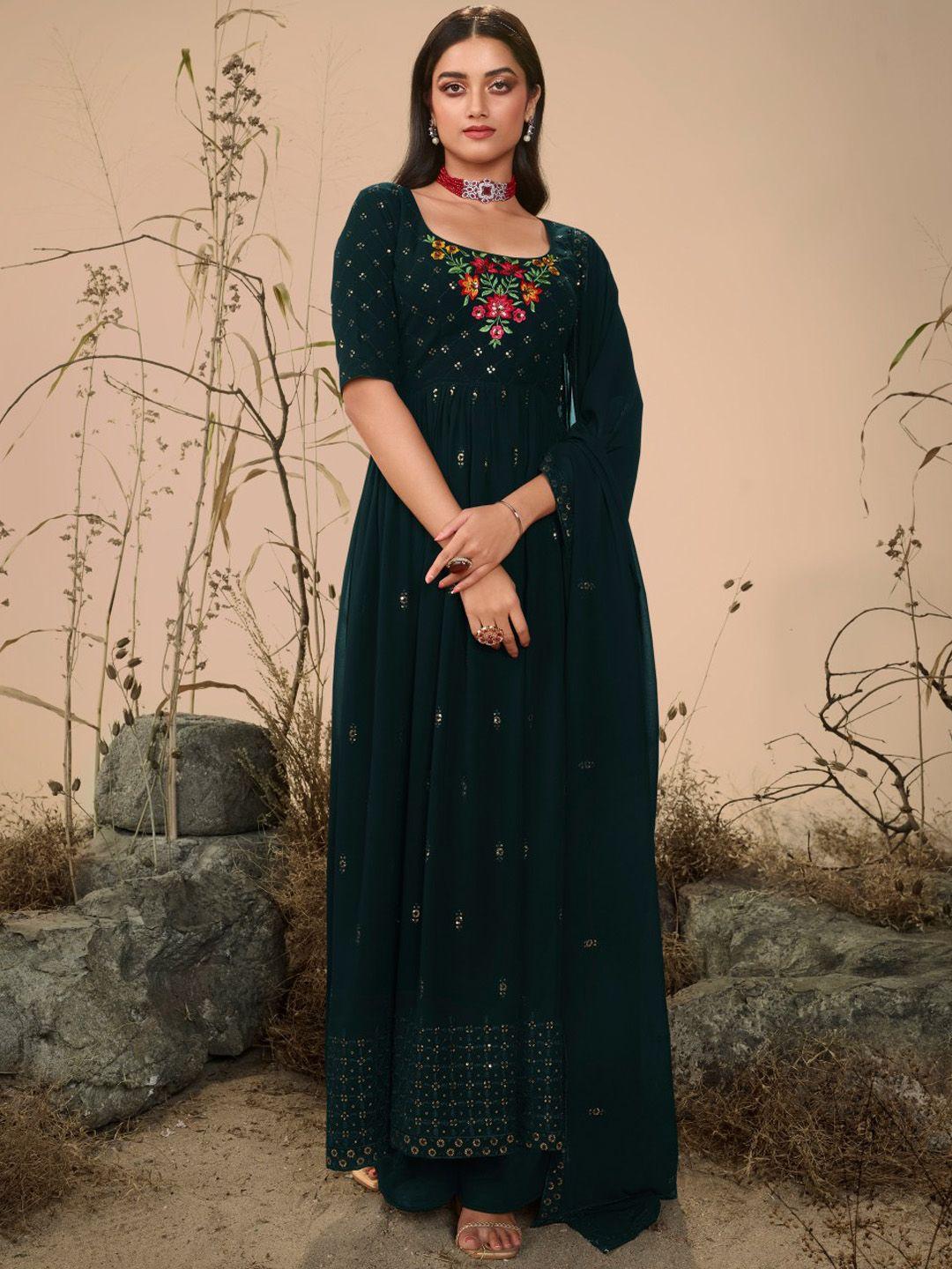 shubhkala women green floral embroidered regular kurta with palazzos & with dupatta