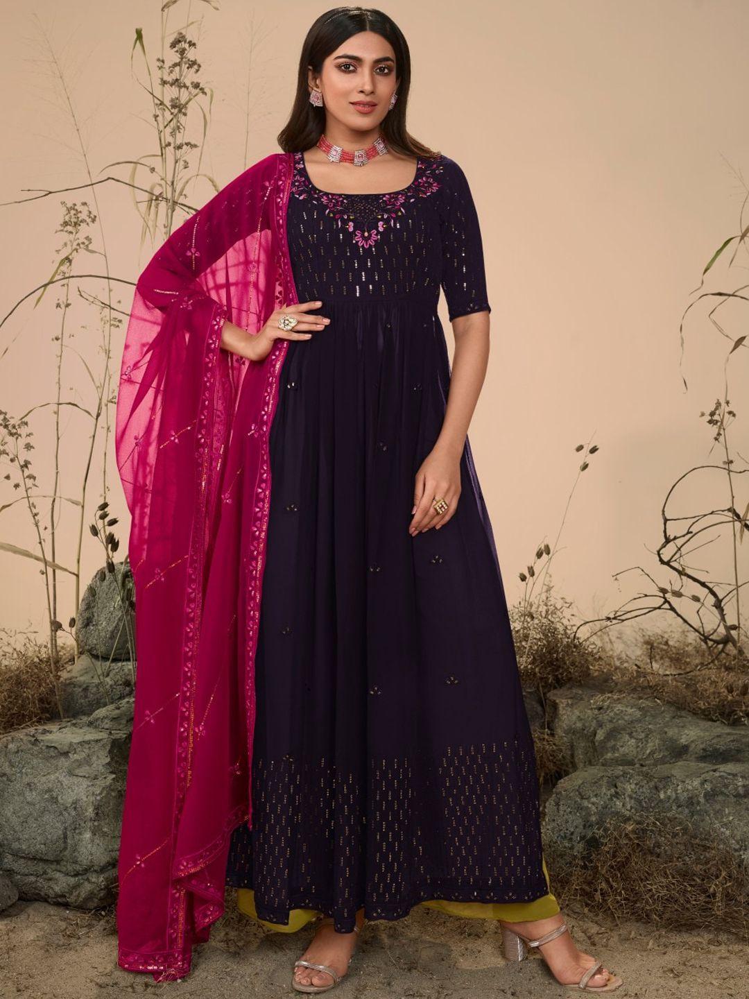 shubhkala women purple ethnic motifs embroidered regular kurta with palazzos & with dupatta