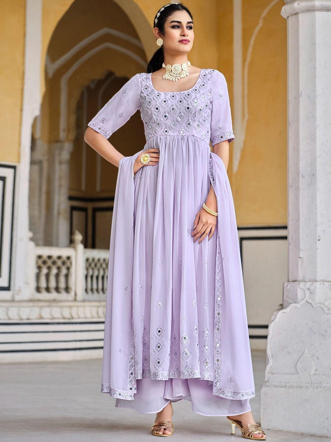 shubhkala women purple ethnic motifs embroidered regular kurta with palazzos & with dupatta