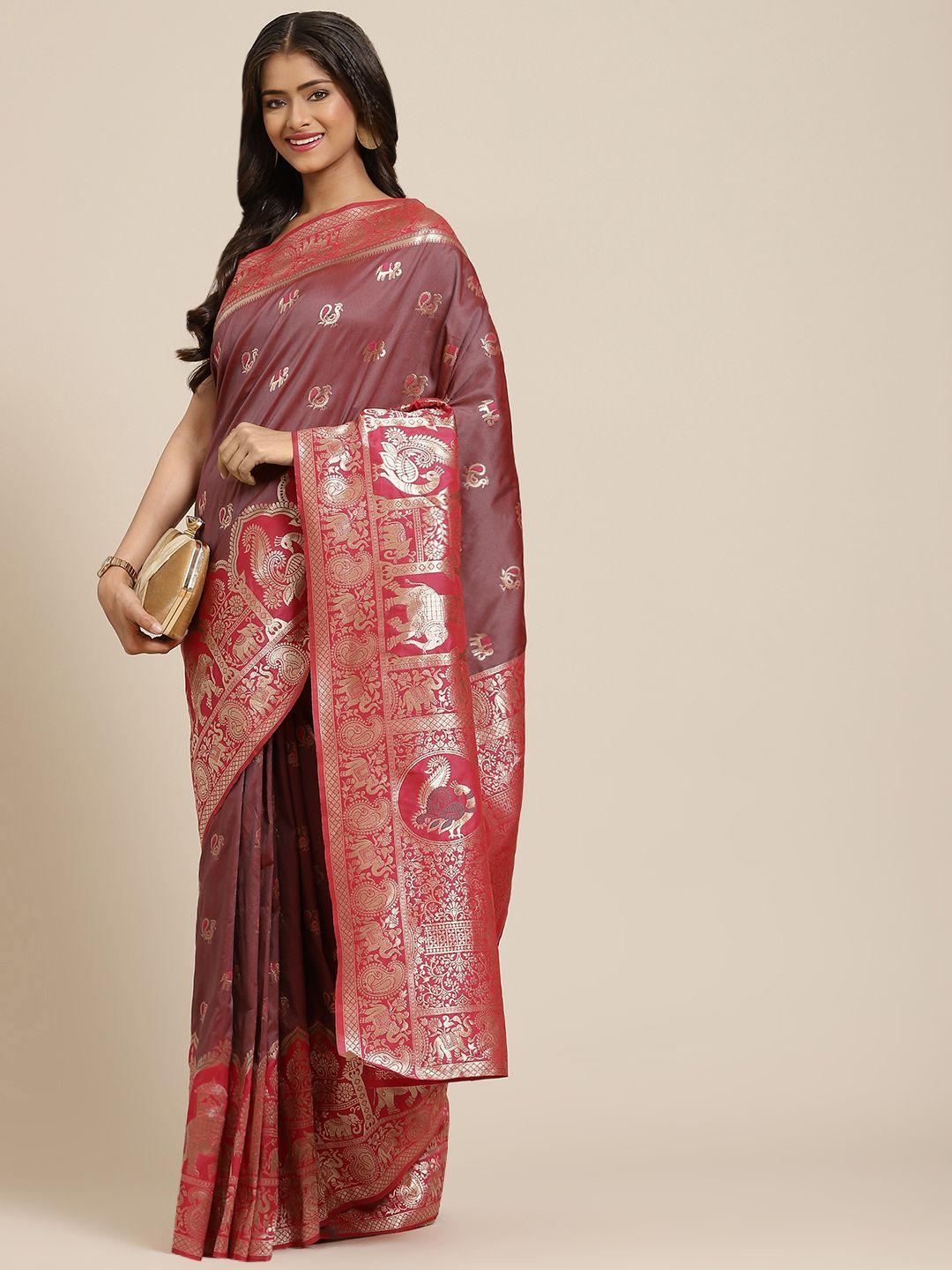 shubhvastra brown & pink ethnic motifs woven design banarasi saree