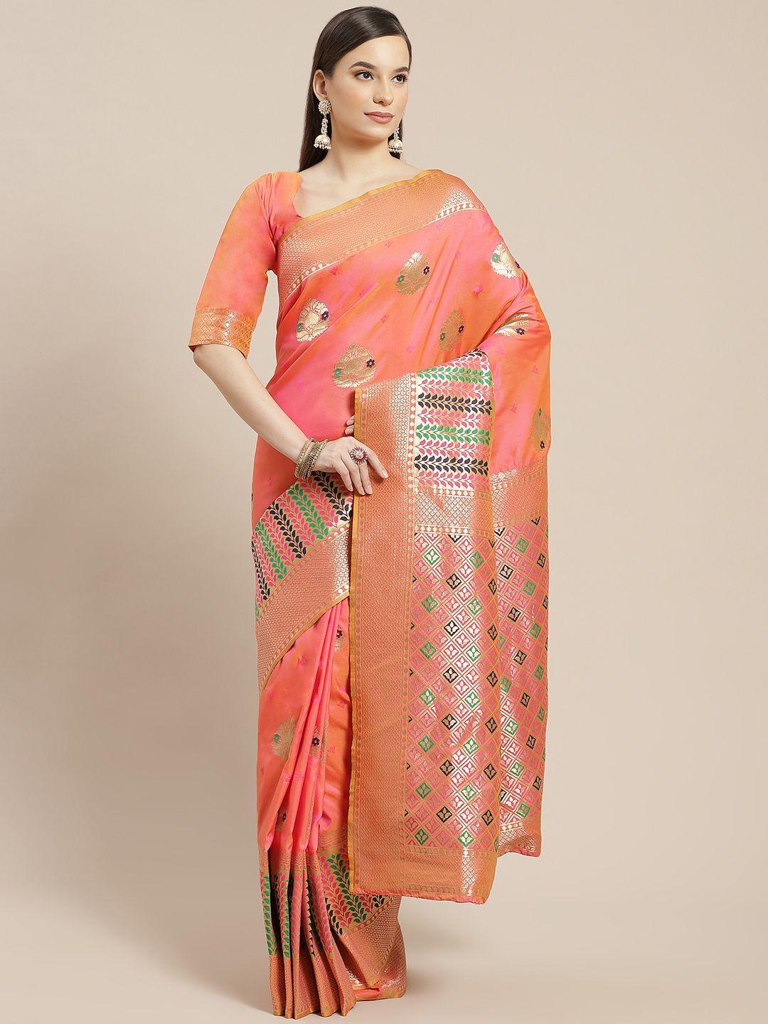 shubhvastra coral pink & golden ethnic motifs woven design banarasi saree