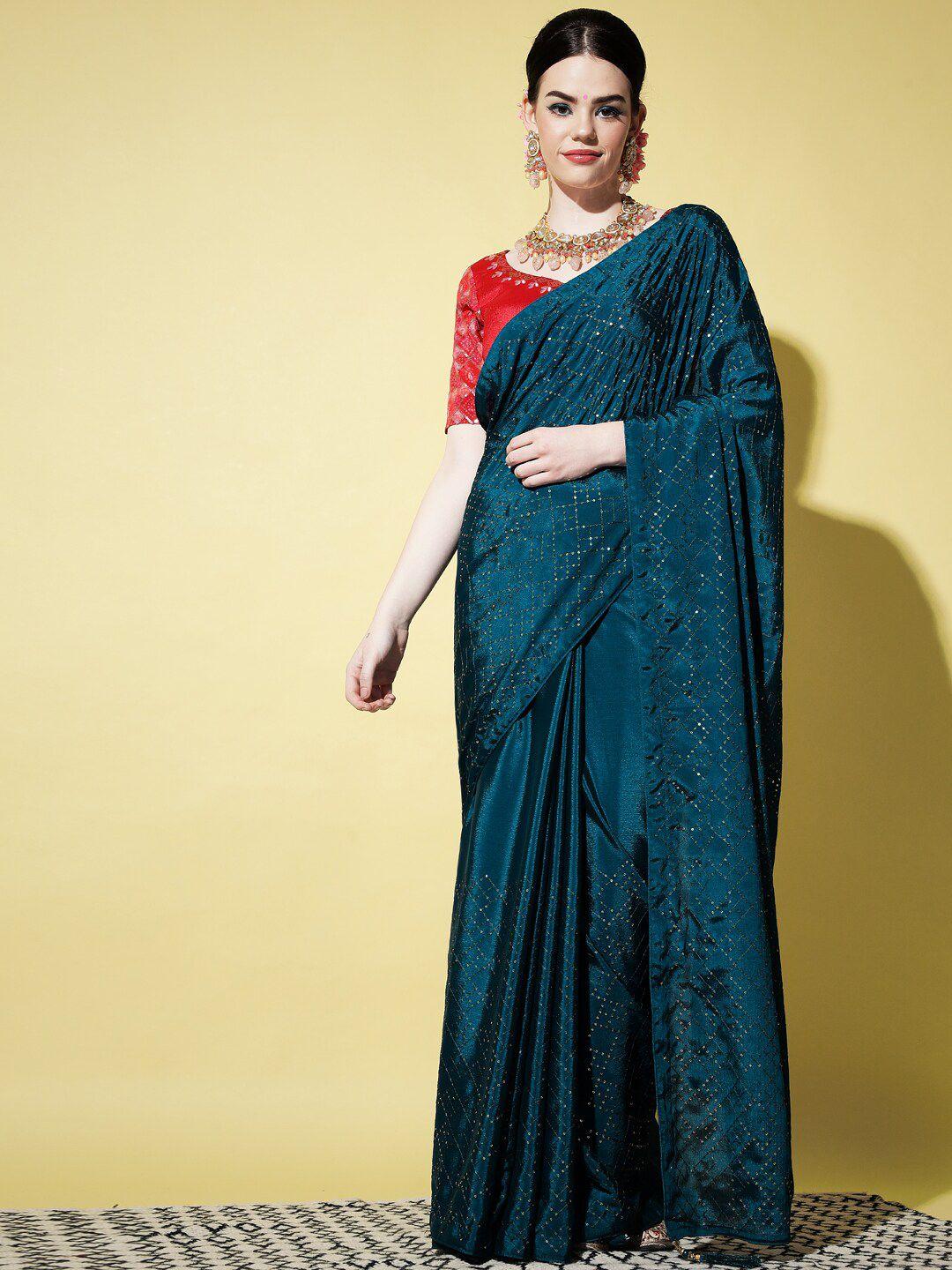 shubhvastra teal embellished embroidered art silk saree