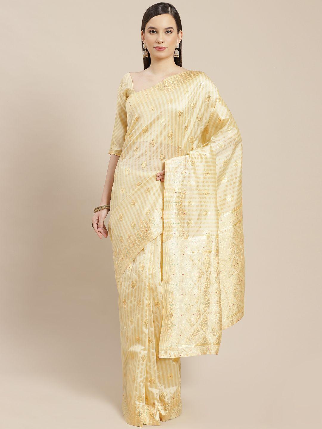 shubhvastra cream-coloured & golden striped woven design banarasi saree