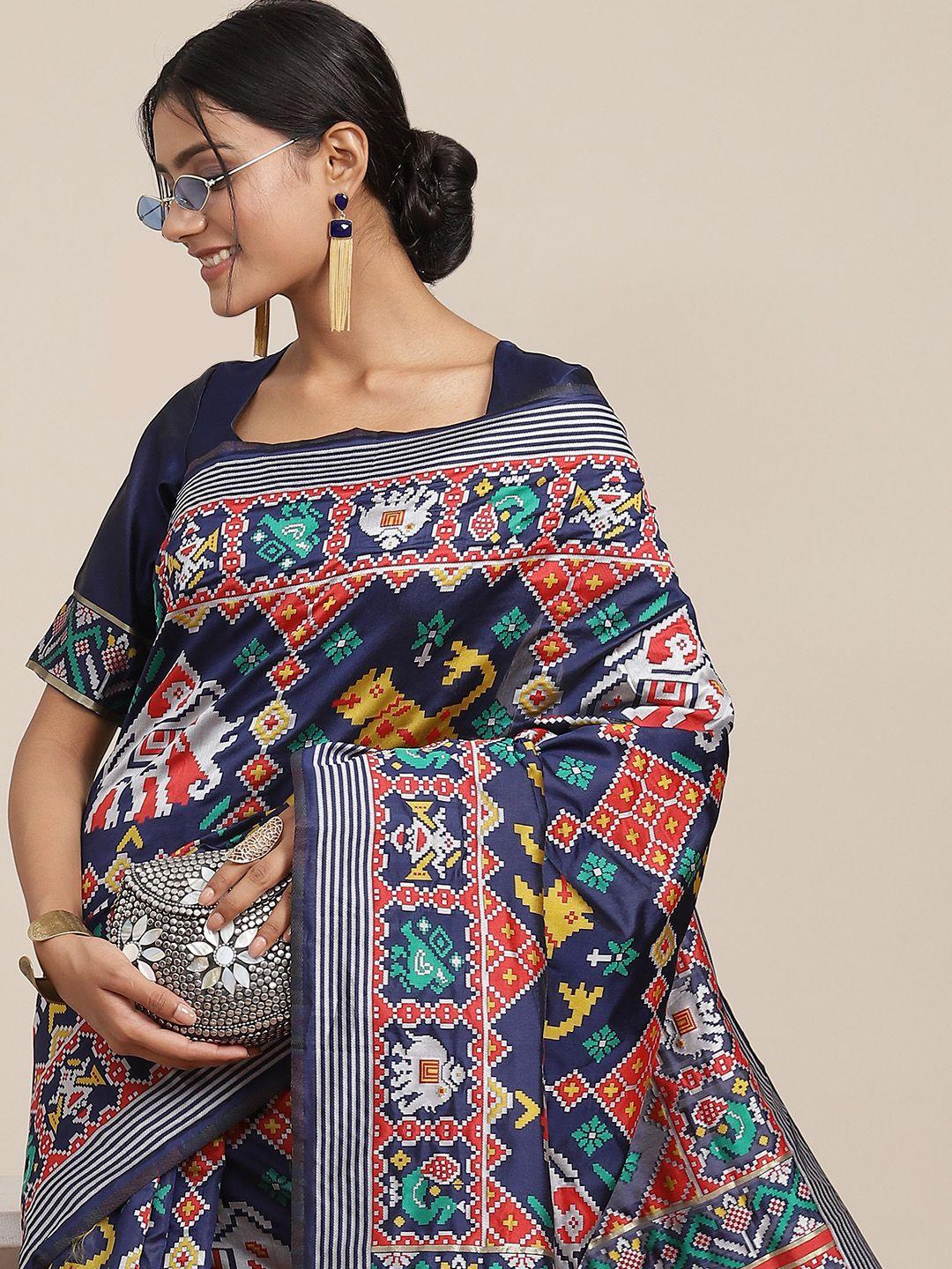 shubhvastra navy blue & white ethnic motifs woven design patola saree