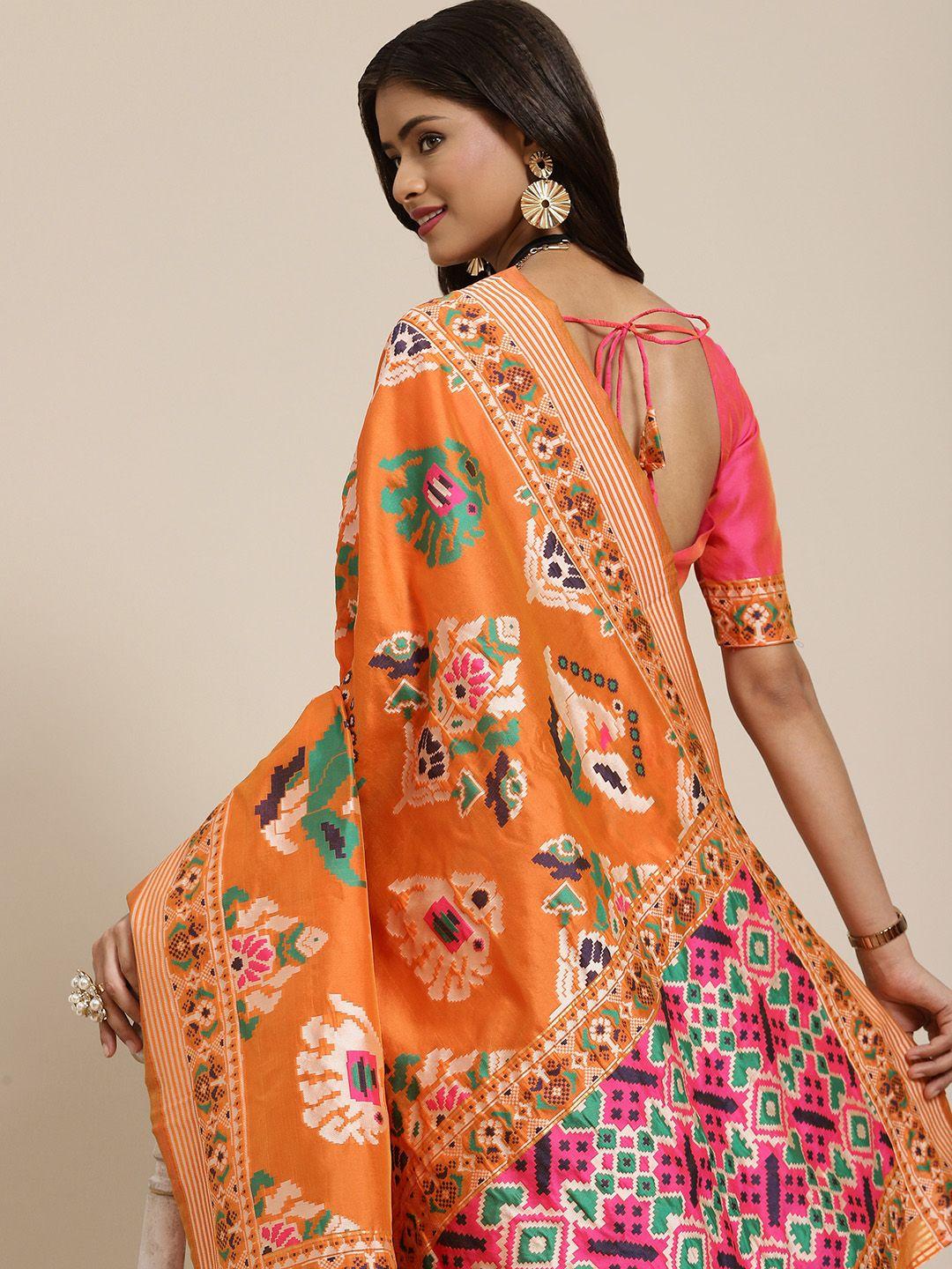 shubhvastra orange & pink ethnic motifs woven design patola saree