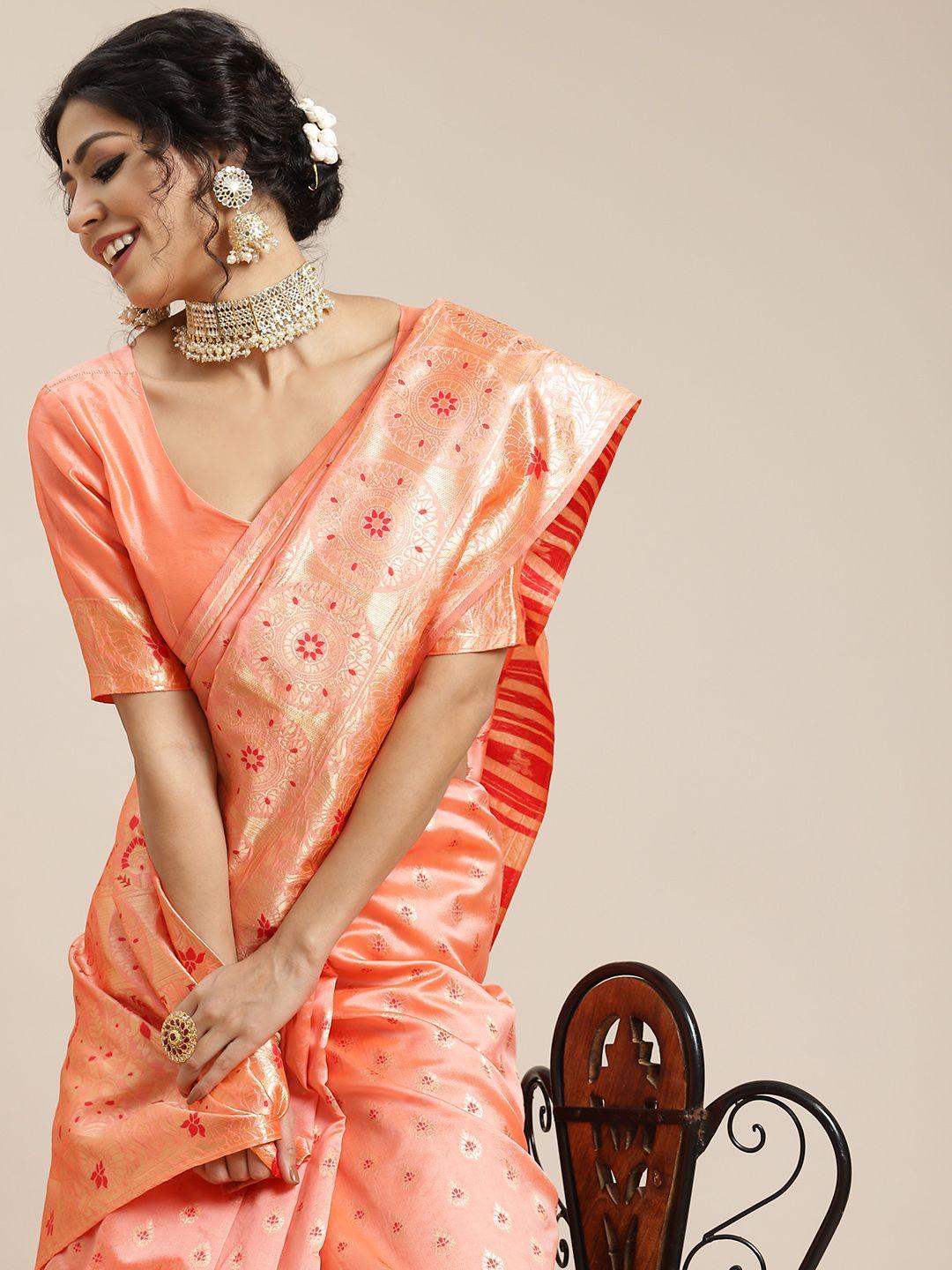 shubhvastra peach-coloured & golden woven design banarasi saree
