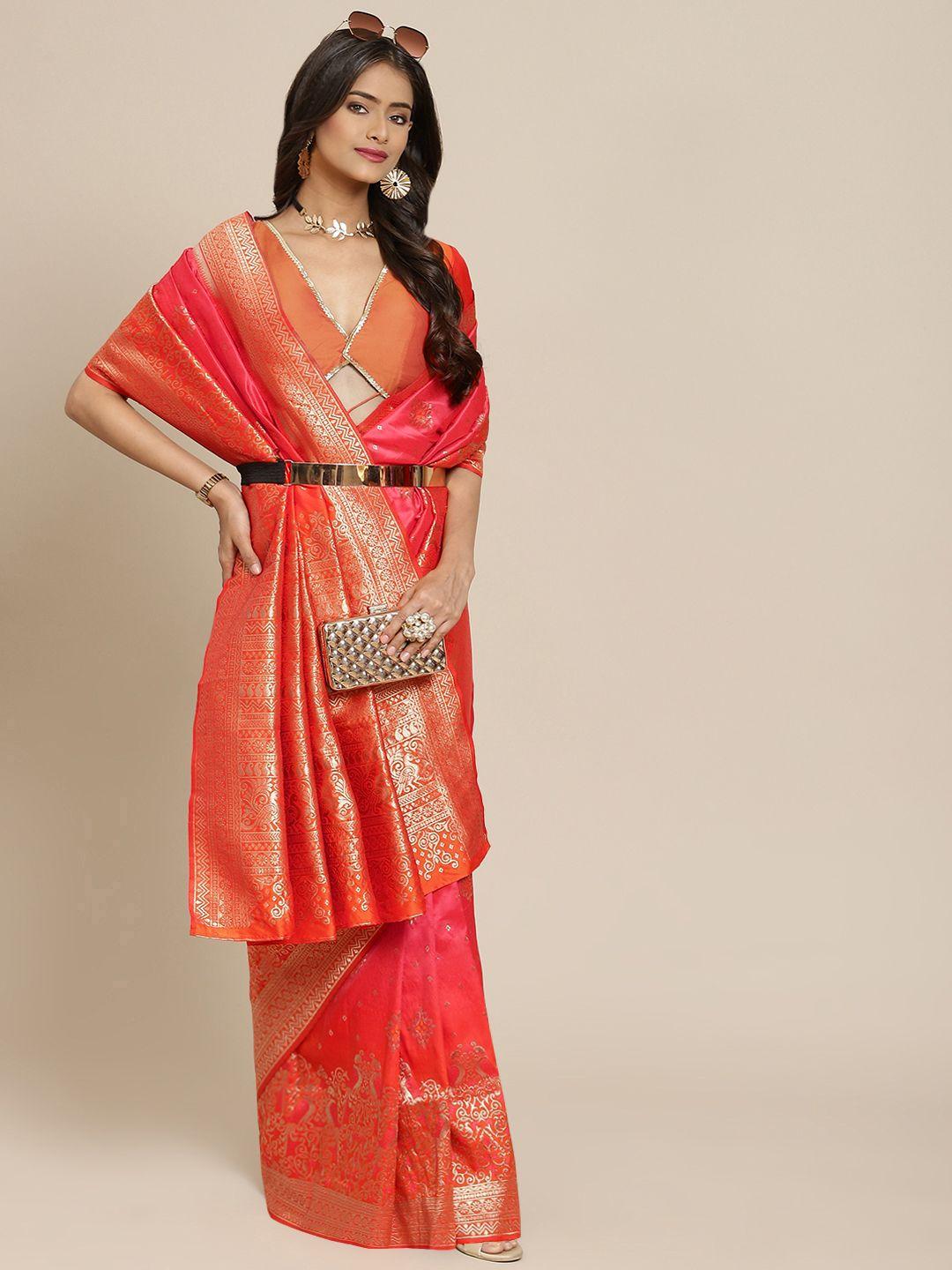 shubhvastra pink & orange ethnic motifs woven design banarasi saree