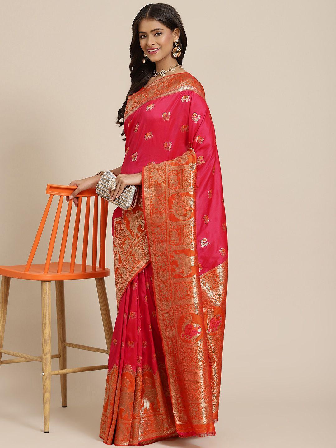 shubhvastra pink & pink ethnic motifs woven design banarasi saree