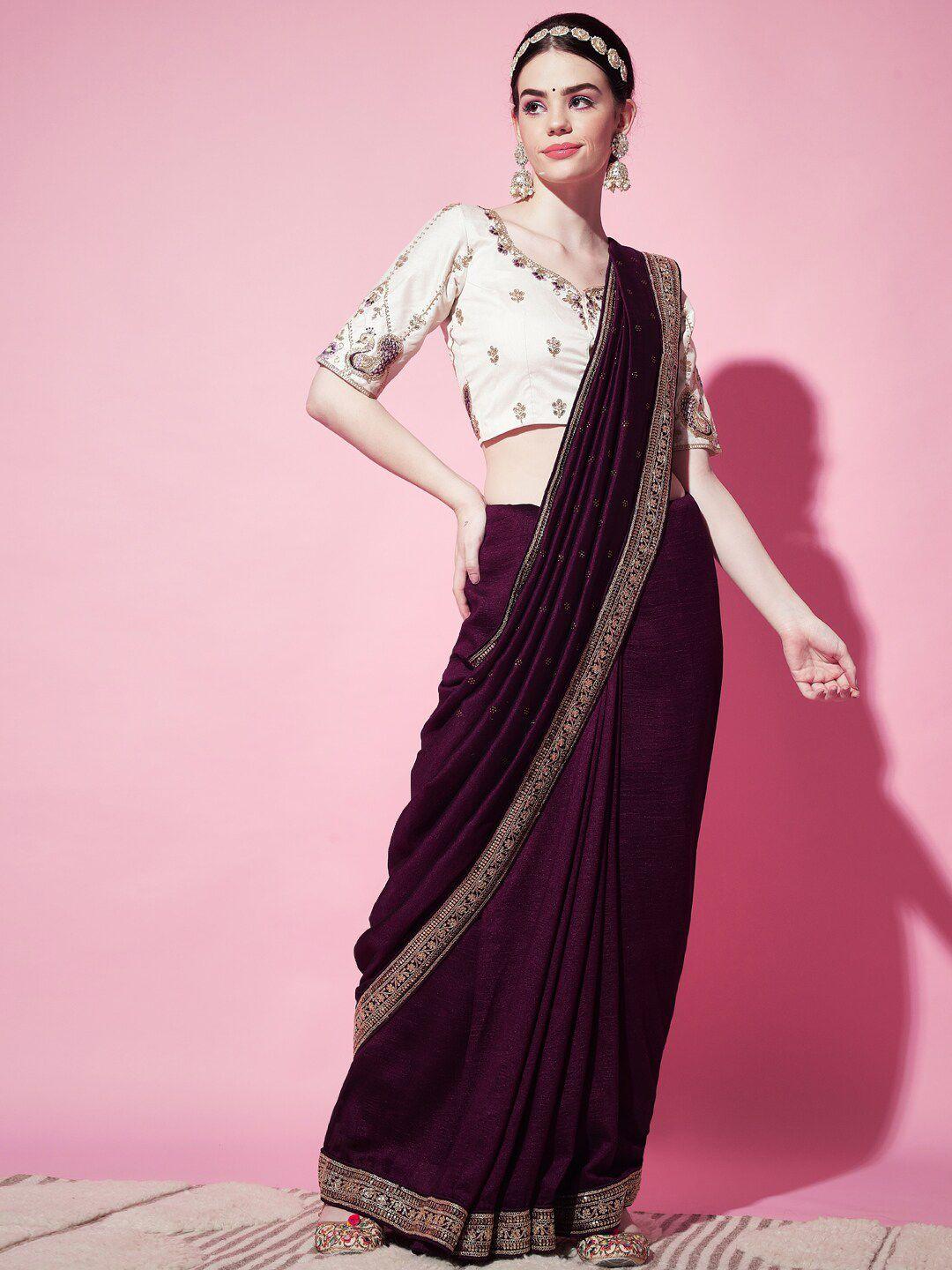 shubhvastra purple & cream-coloured ethnic motifs embroidered art silk saree