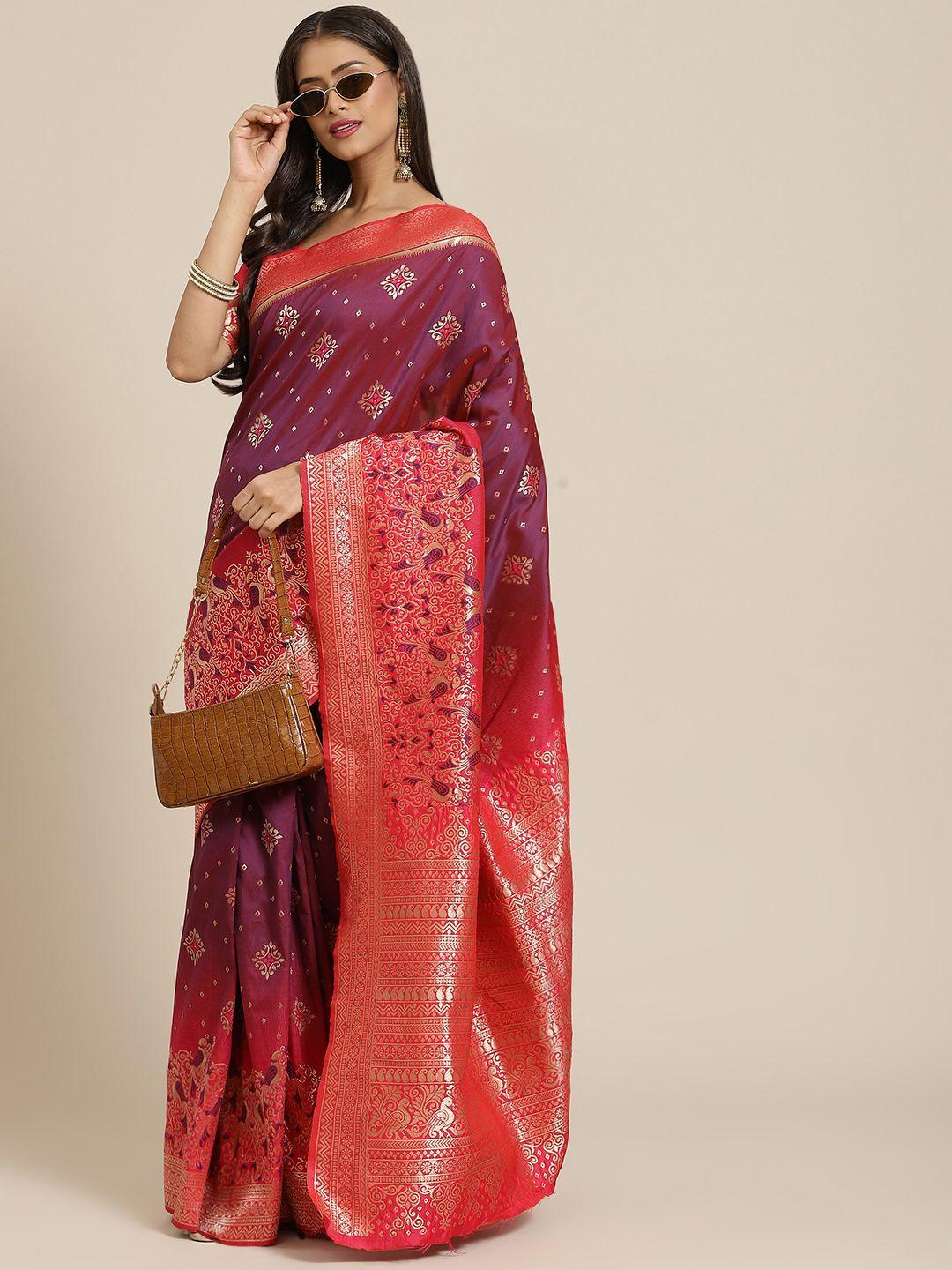 shubhvastra purple & pink ethnic motifs silk blend banarasi saree