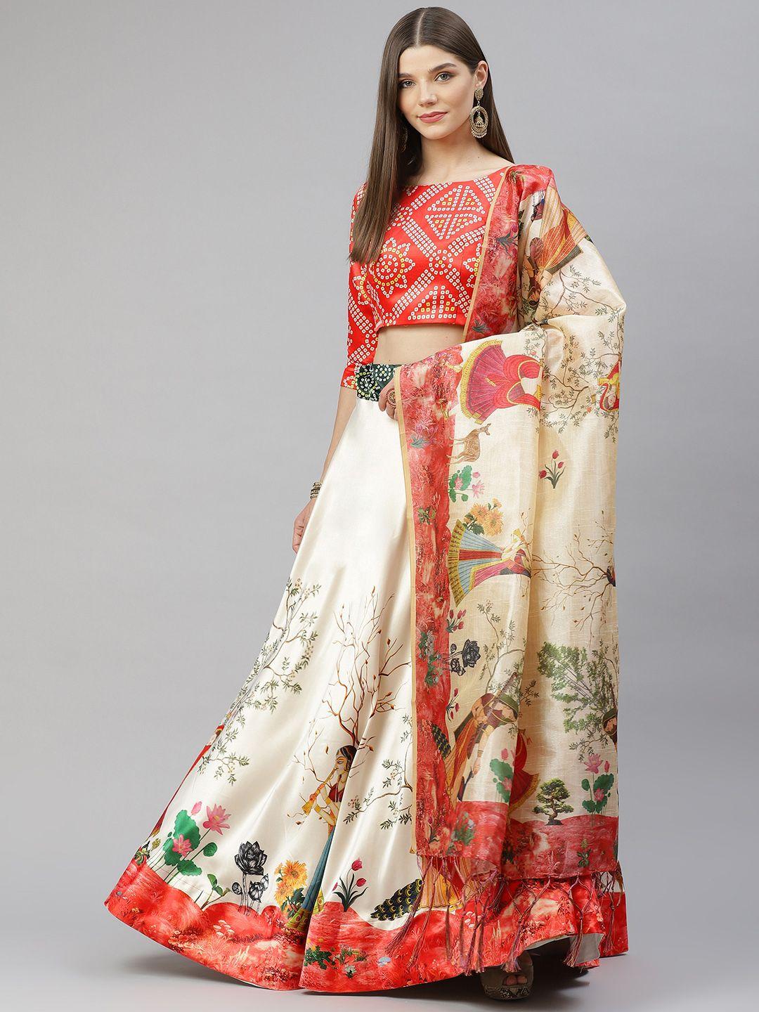 shubhvastra red & cream-coloured printed semi-stitched lehenga & unstitched blouse with dupatta