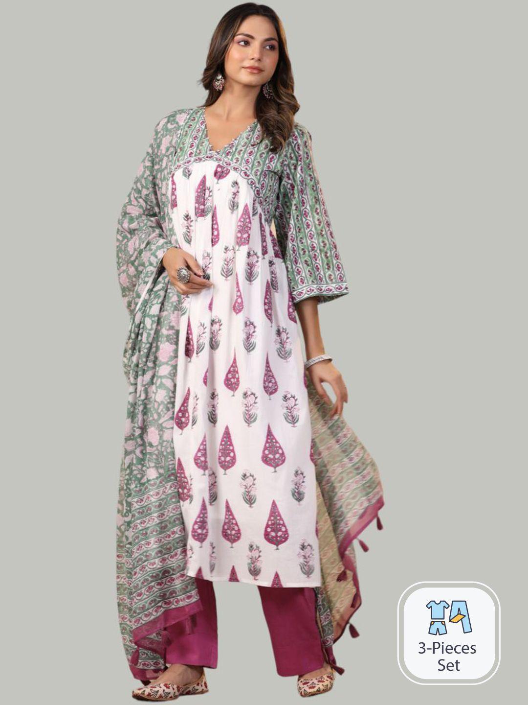 shuddhi ethnic motifs printed empire pure cotton kurta with trousers & dupatta