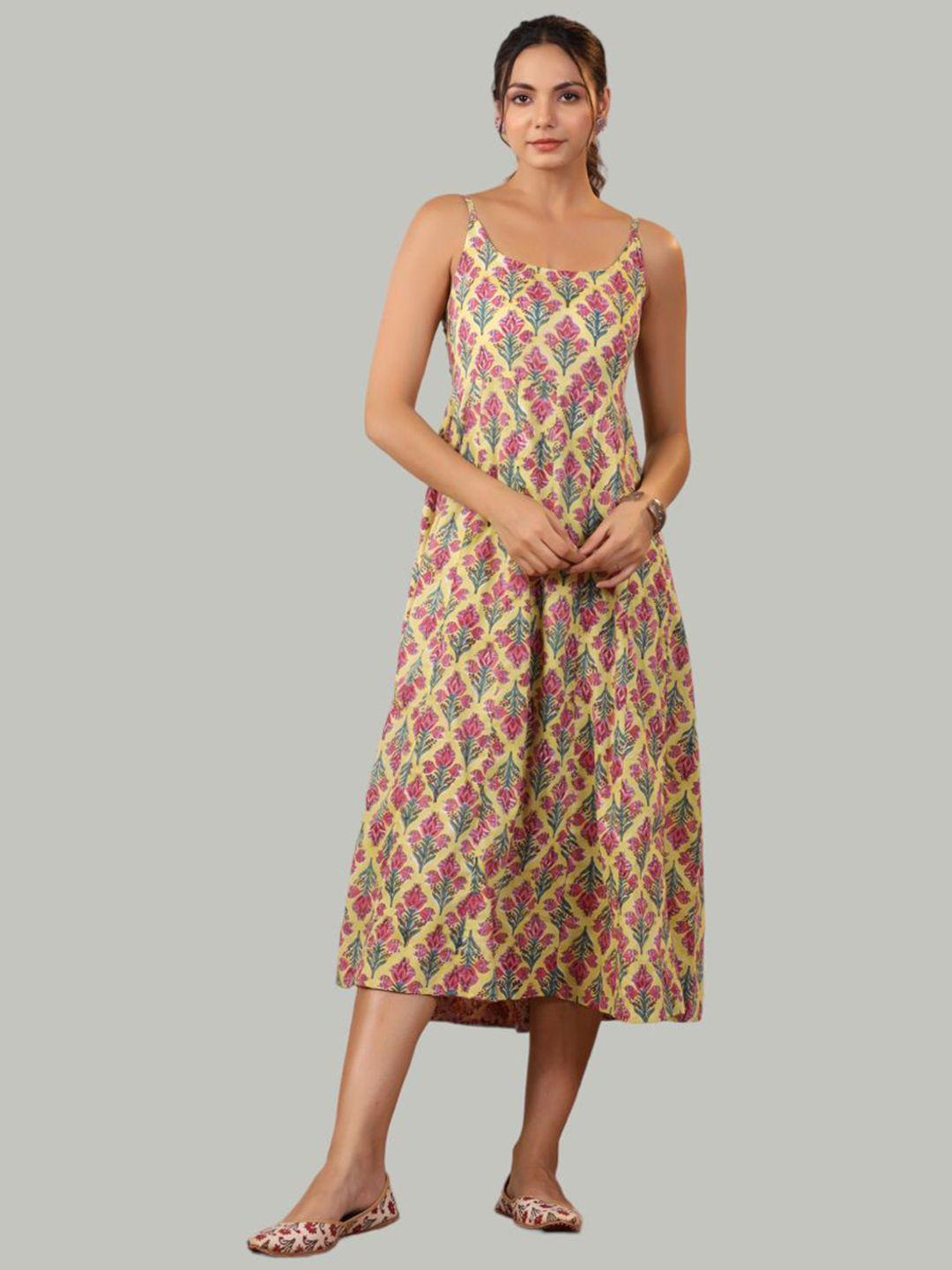 shuddhi floral printed cotton shoulder straps a-line  midi ethnic dress