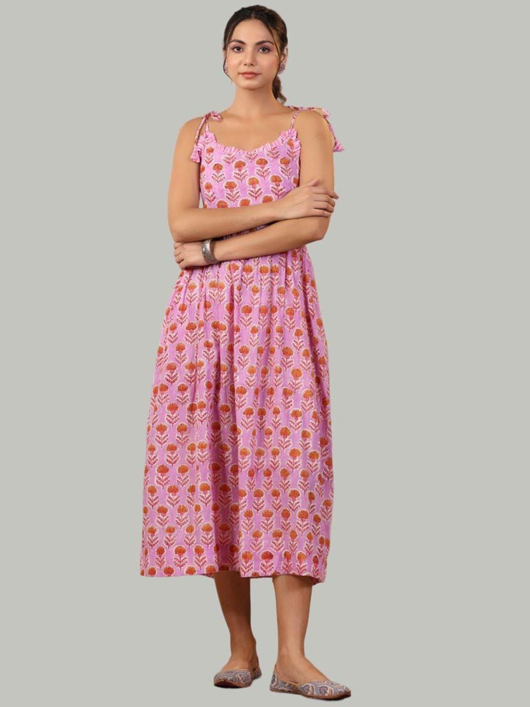 shuddhi floral printed cotton shoulder straps a-line midi ethnic dress