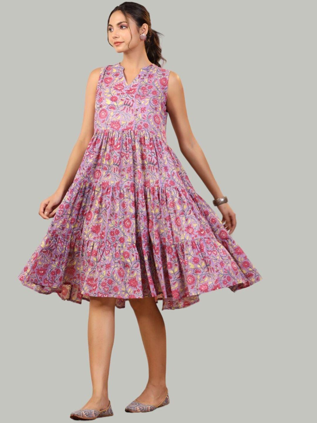 shuddhi floral printed cotton v-neck fit and flare ethnic dress