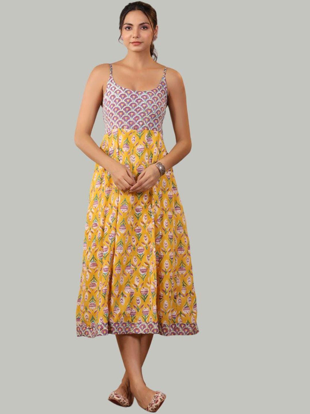 shuddhi floral printed shoulder straps cotton a-line midi ethnic dress