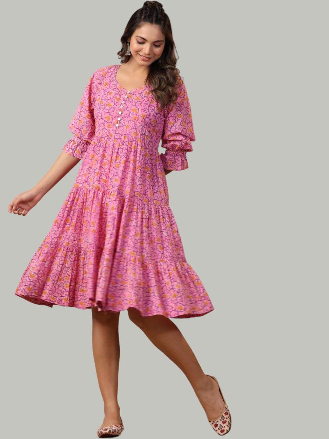 shuddhi floral printed v-neck cotton fit and flare ethnic dress