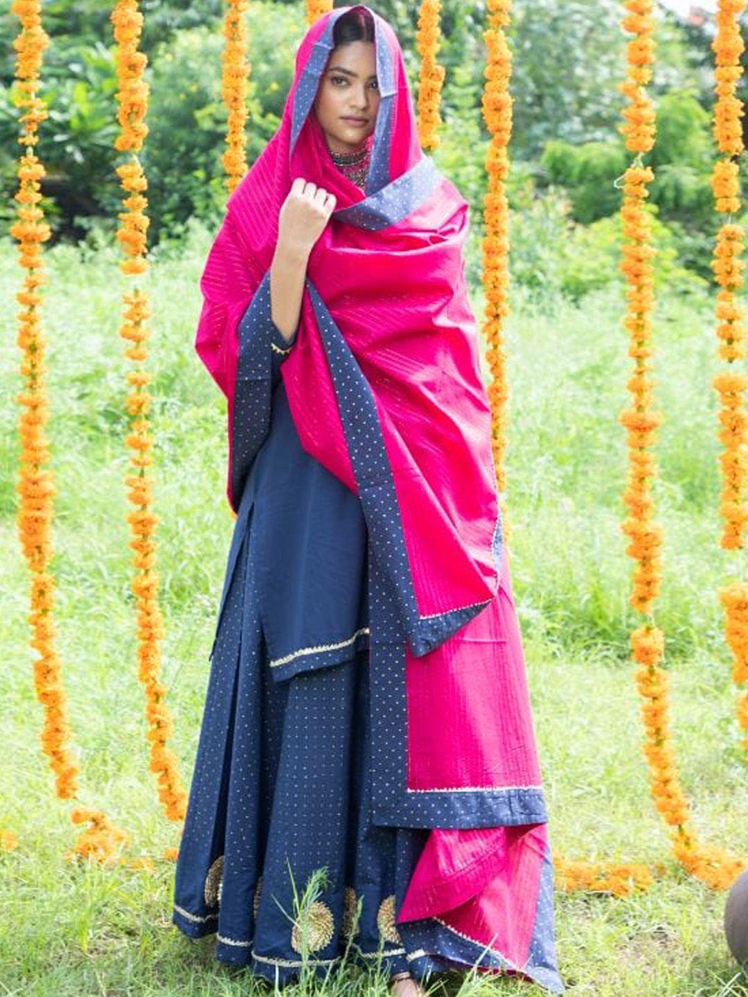 shuddhi women blue ethnic motifs embroidered gotta patti pure cotton kurta with palazzos & with dupatta