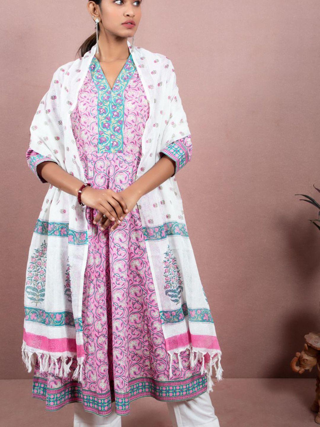 shuddhi women pink & white ethnic motifs printed pastels anarkali kurta