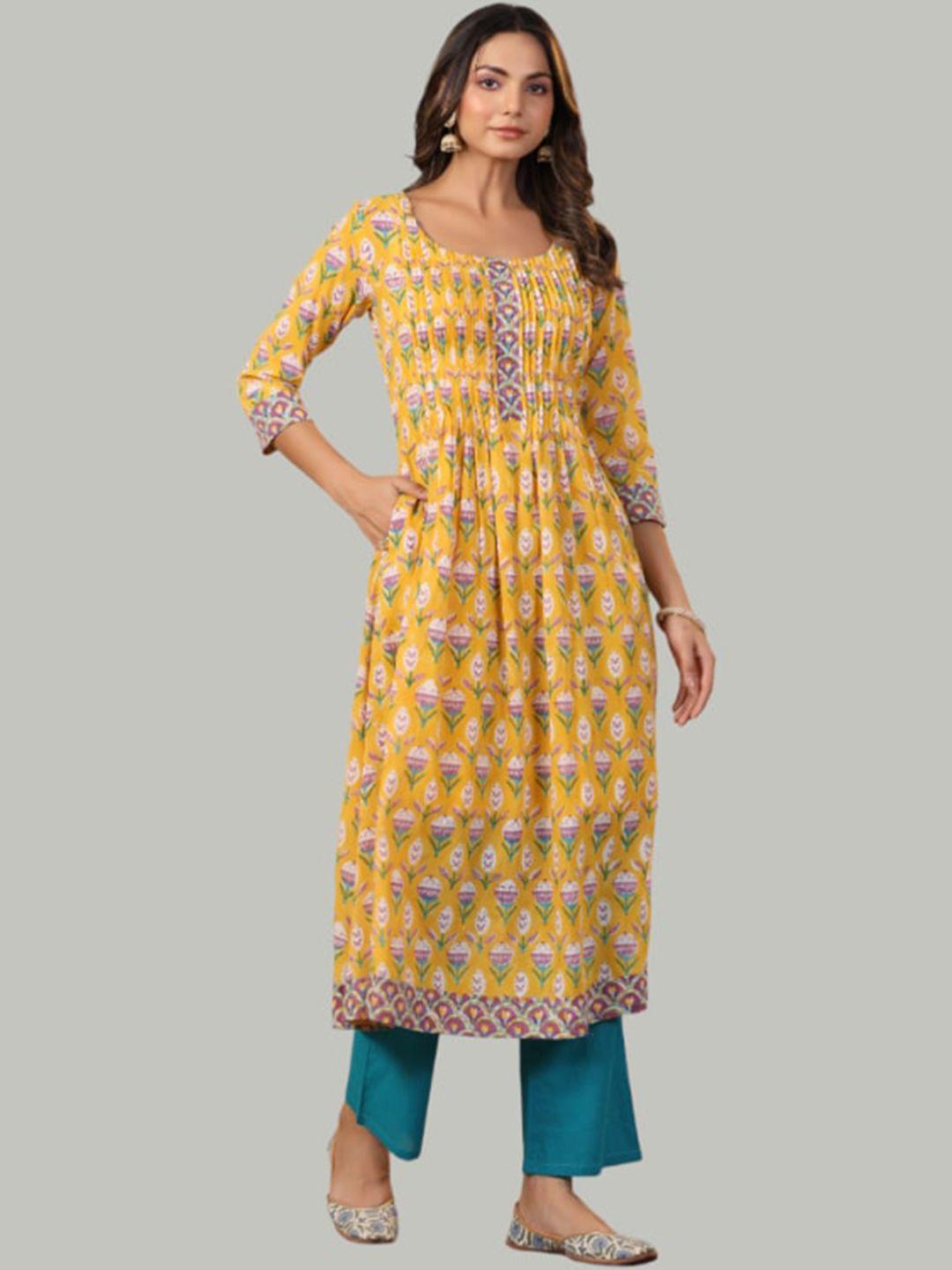 shuddhi women yellow geometric yoke design flared sleeves mirror work anarkali kurta