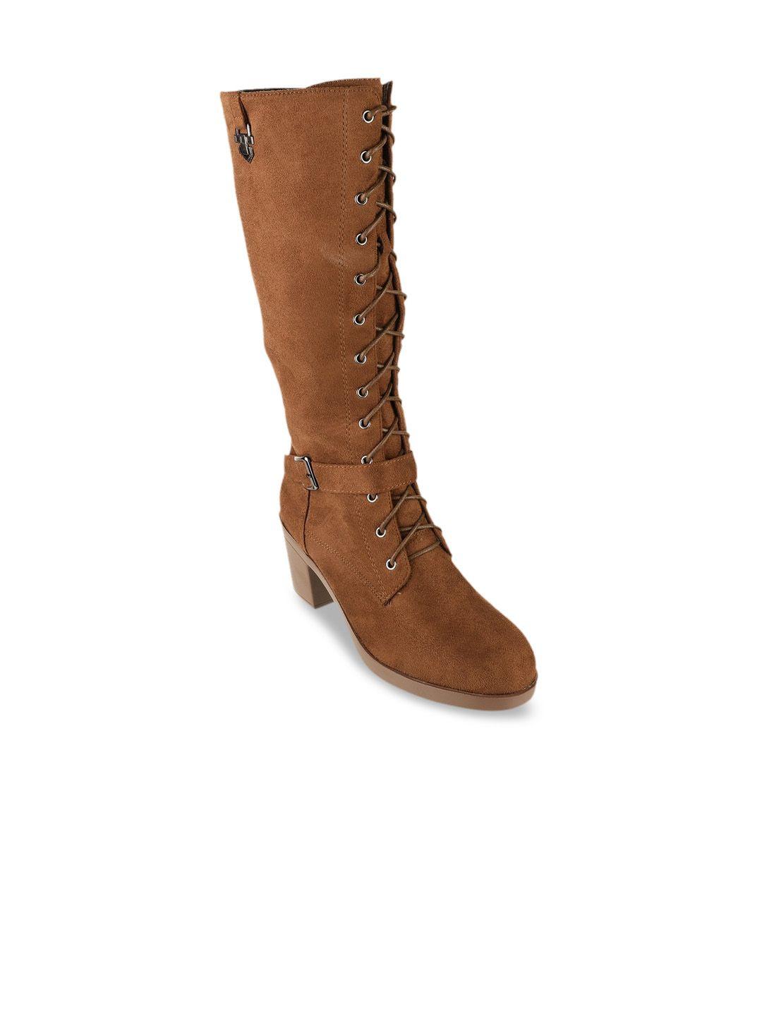 shuz touch brown pu block heeled boots with buckles