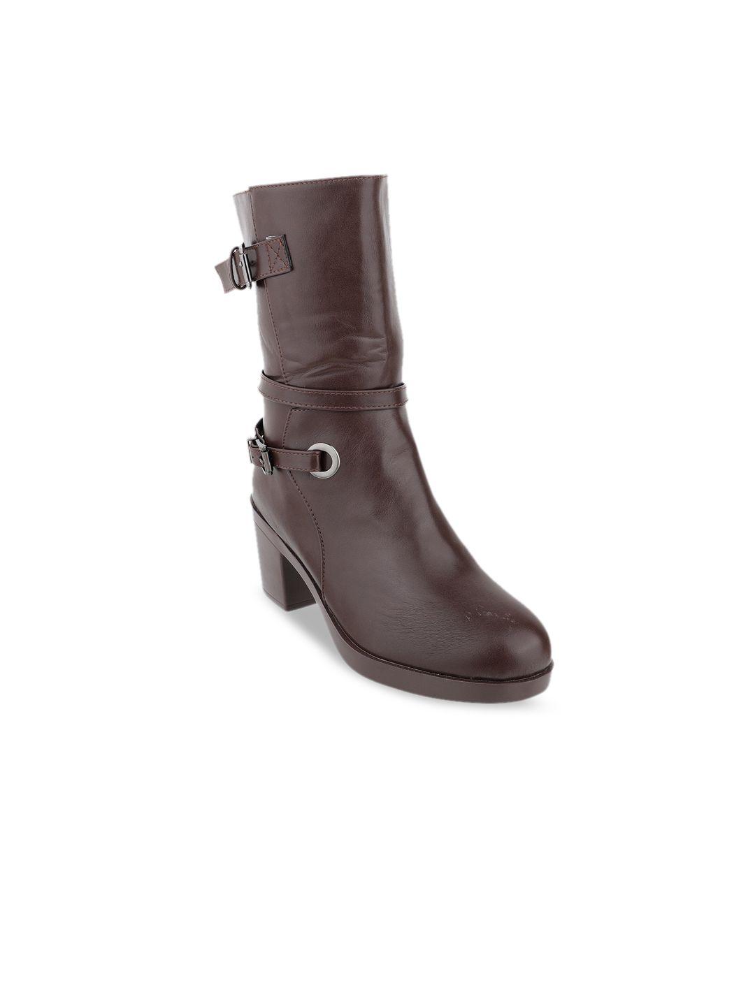 shuz touch brown solid pu block heeled boots with buckles