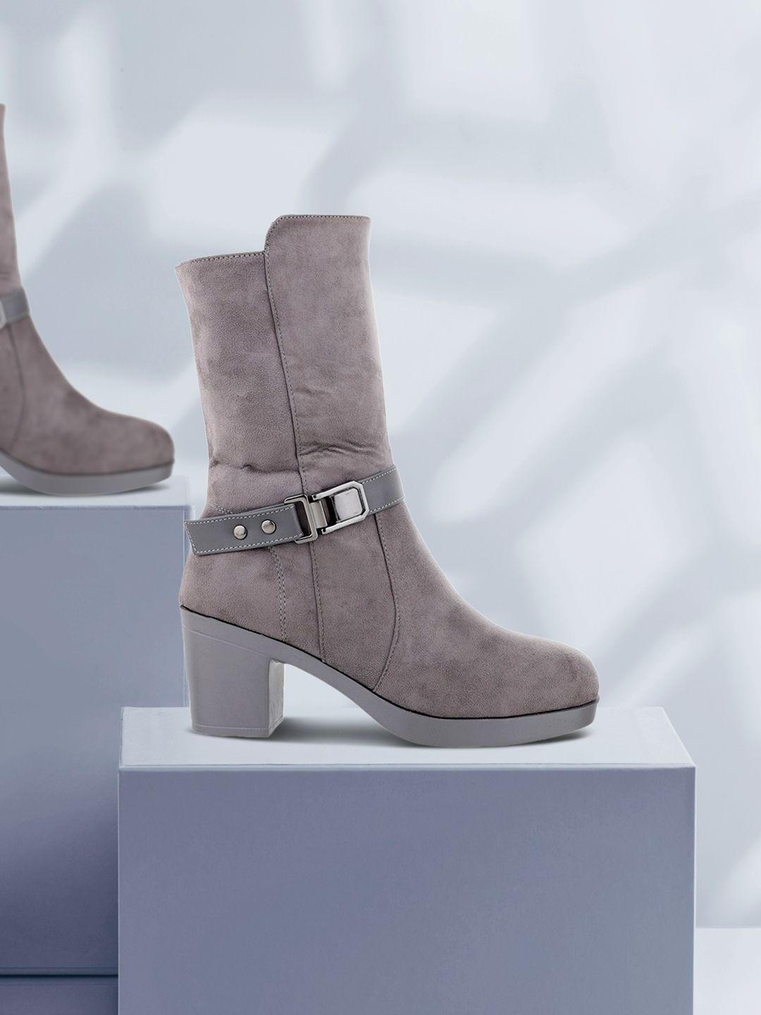 shuz touch grey pu block heeled boots with buckles
