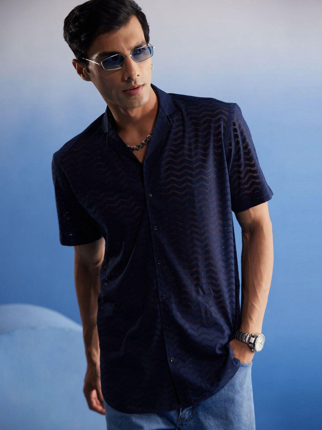 shvaas by vastramay self design cuban collar premium regular fit net casual shirt
