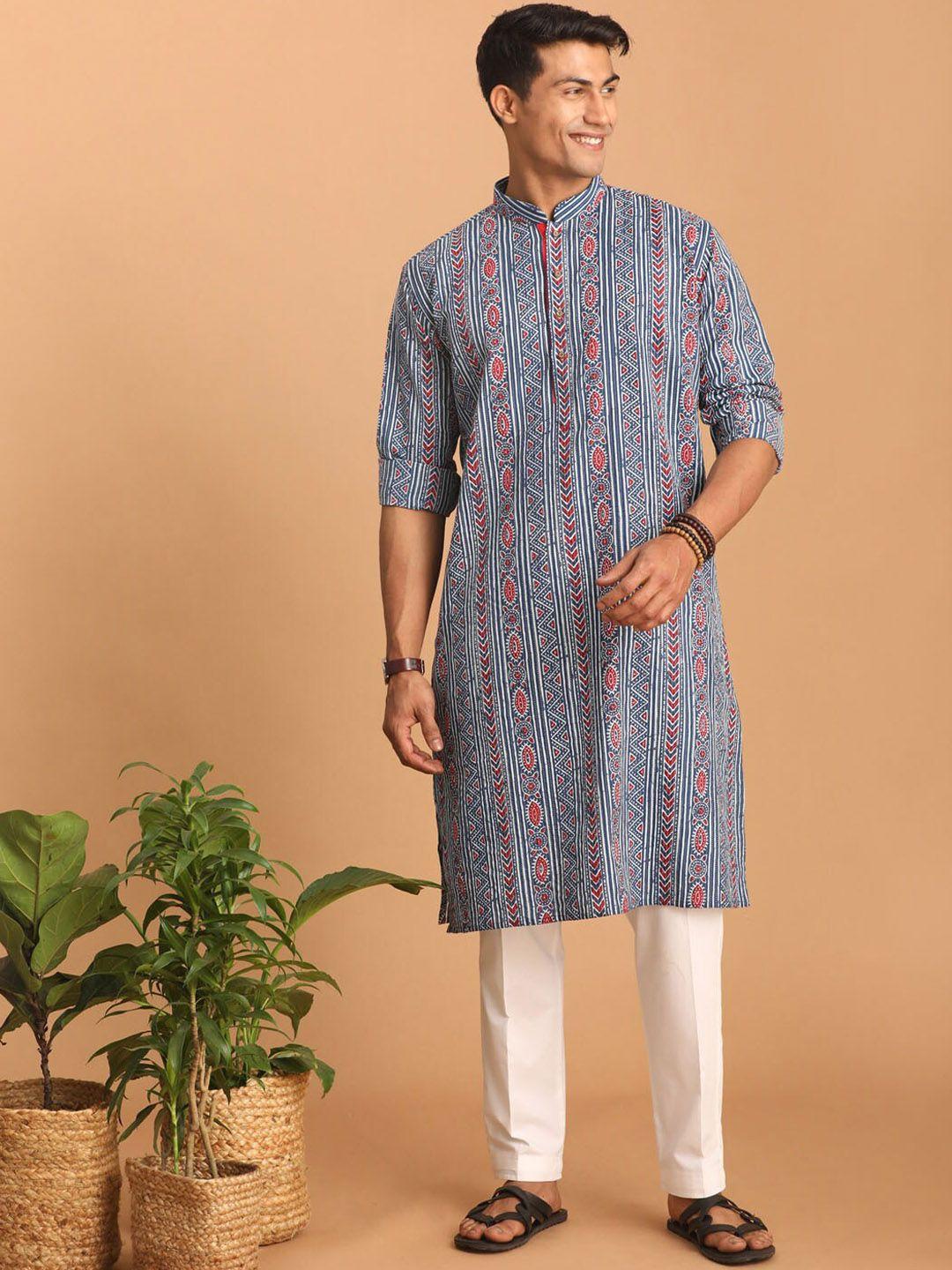 shvaas by vastramay ethnic motif printed band collar pure cotton kurta with trousers