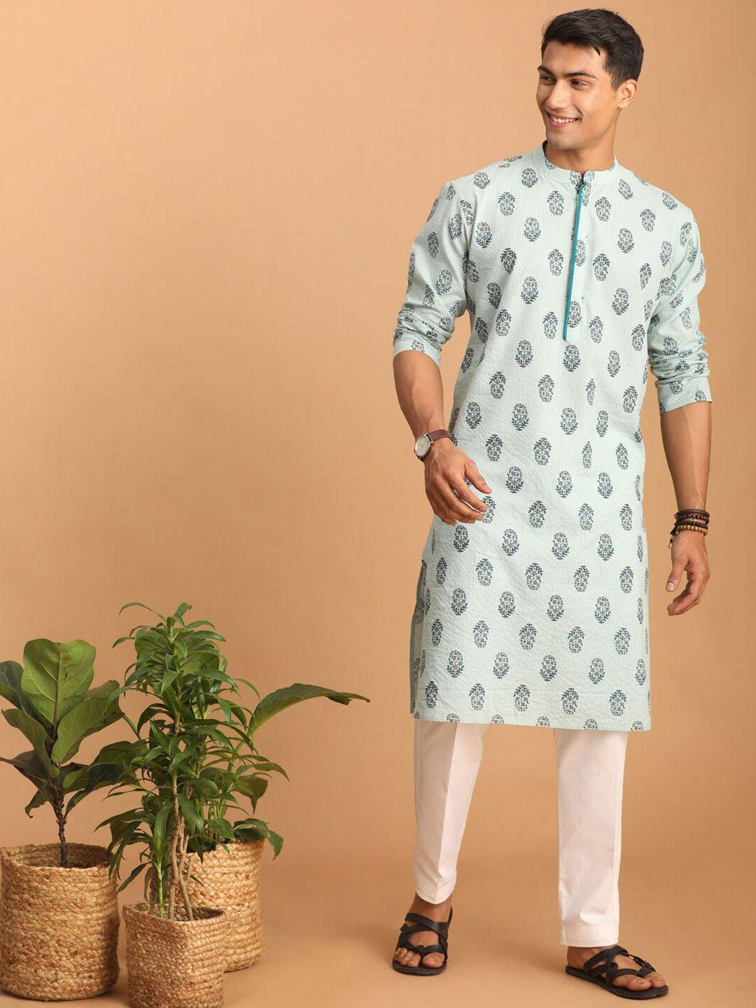 shvaas by vastramay ethnic motifs printed band collar pure cotton kurta with trousers