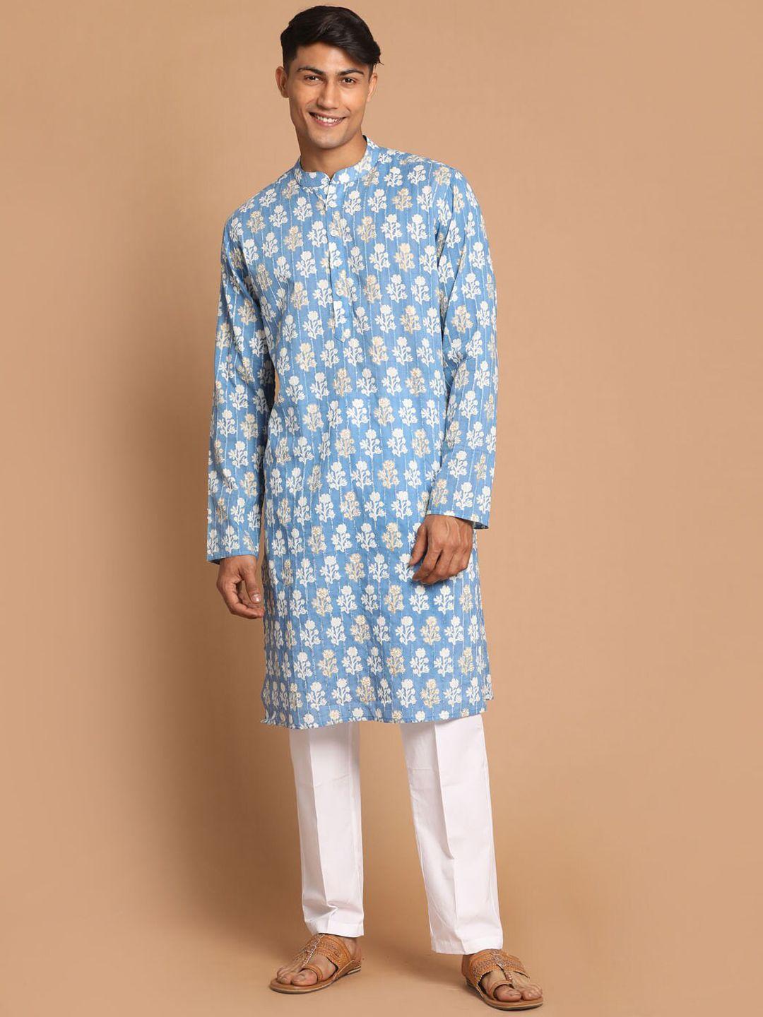 shvaas by vastramay floral printed band collar sequinned pure cotton kurta with trousers
