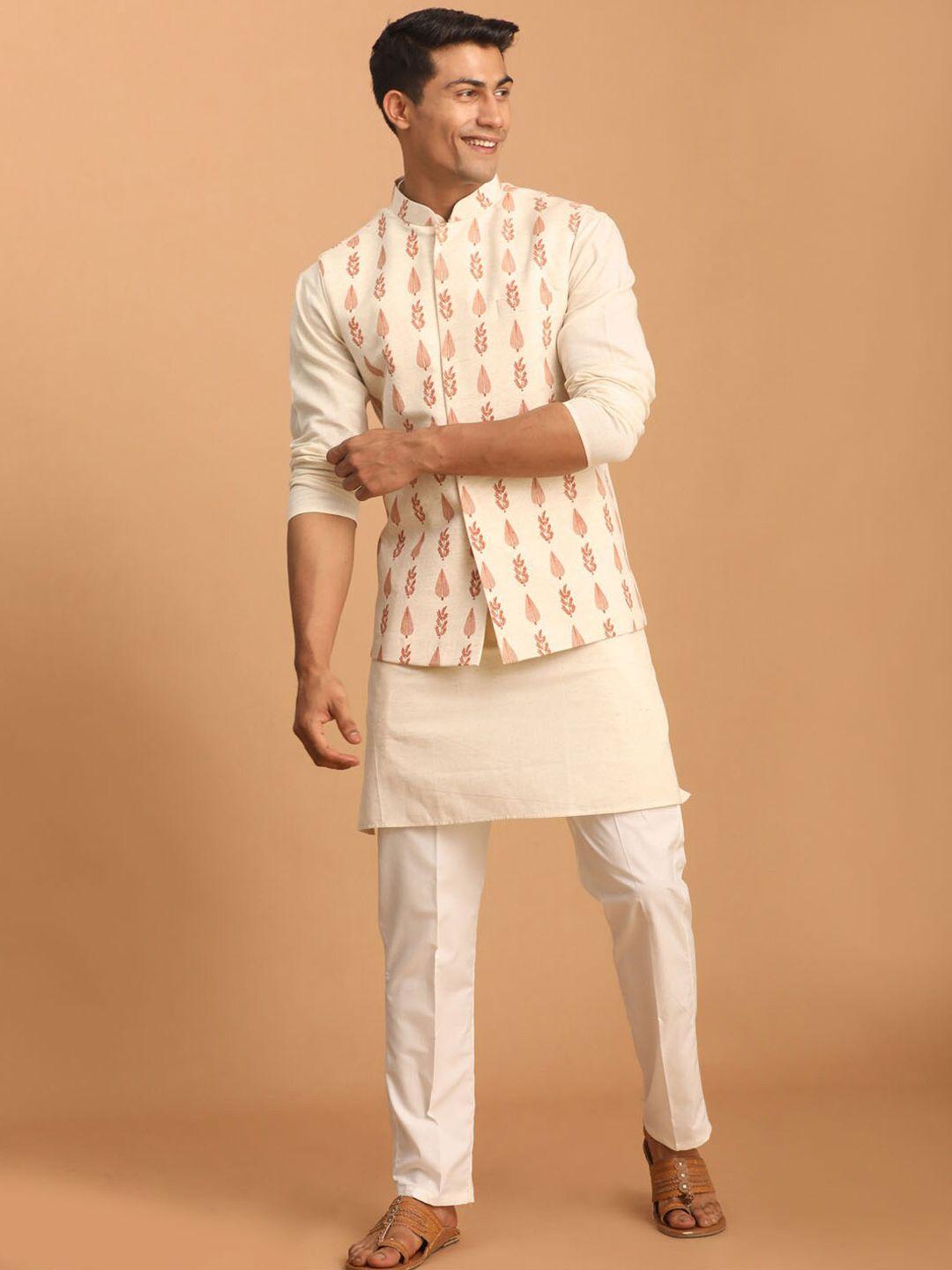 shvaas by vastramay mandarin collar regular pure cotton kurta with pyjamas & nehru jacket