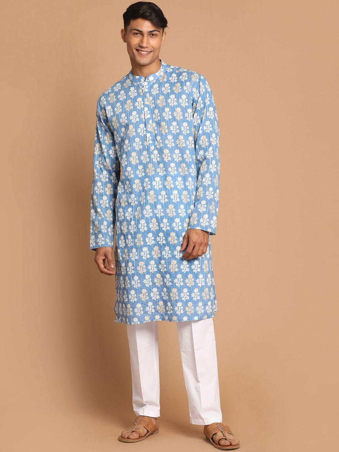 shvaas by vastramay men blue & white pure cotton thread work sustainable kurta with pyjamas