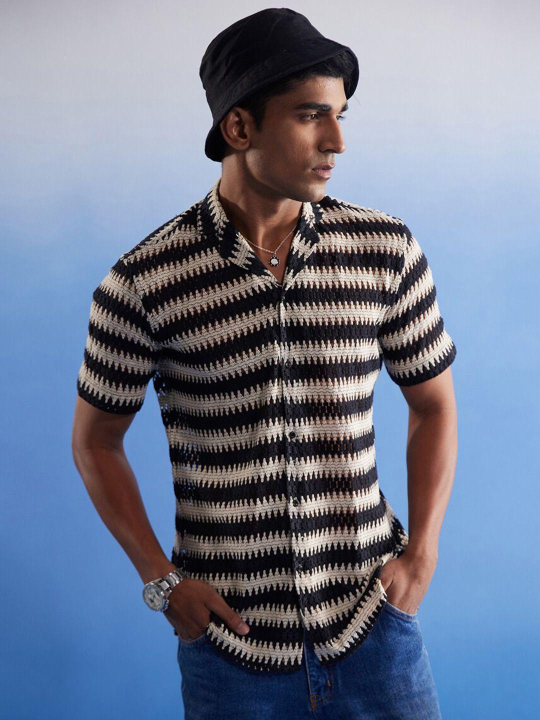 shvaas by vastramay premium geometric self design cuban collar cotton casual shirt