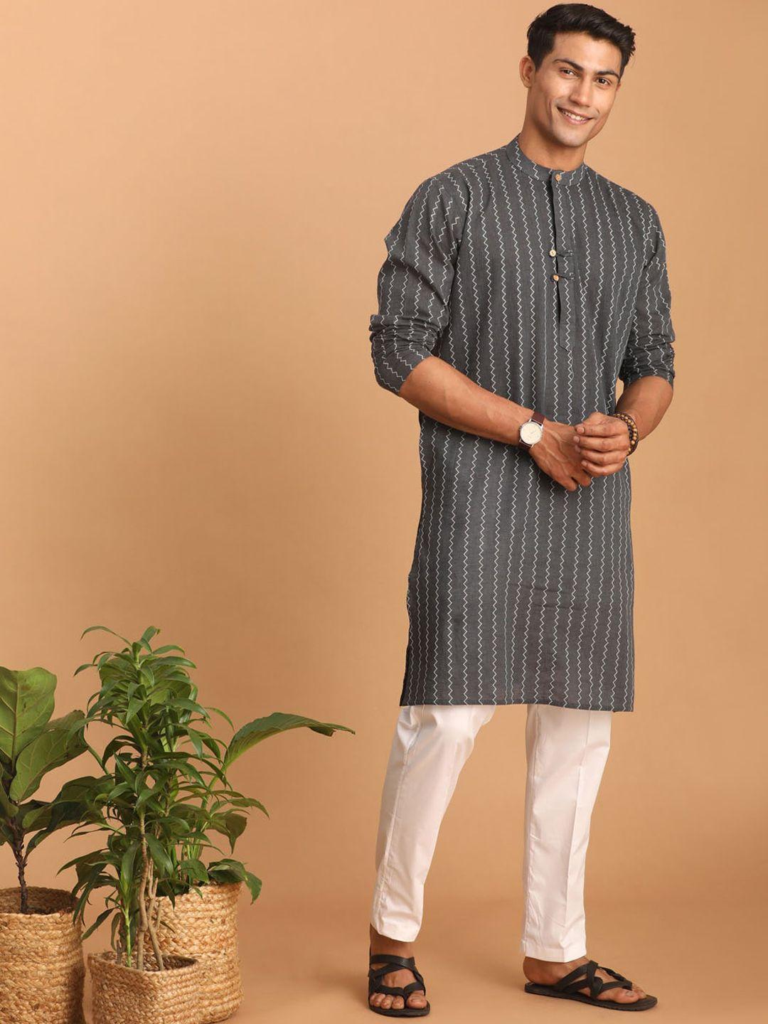 shvaas by vastramay woven design band collar pure cotton kurta with trousers