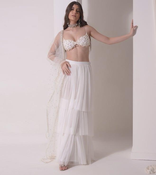 shwetanga ecru tiered tulle sharara with beaded bustier and tulle dupatta