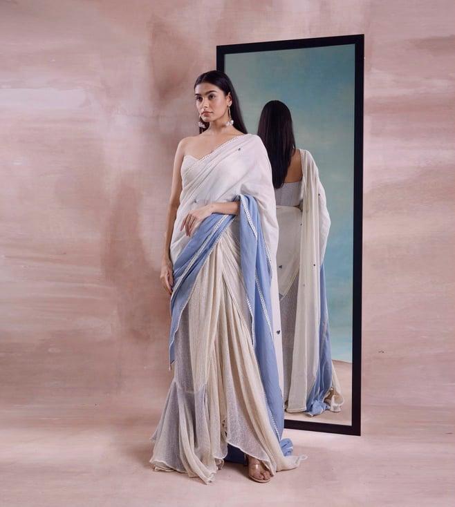 shwetanga ivory & cerulean tarang half and half draped mesh saree