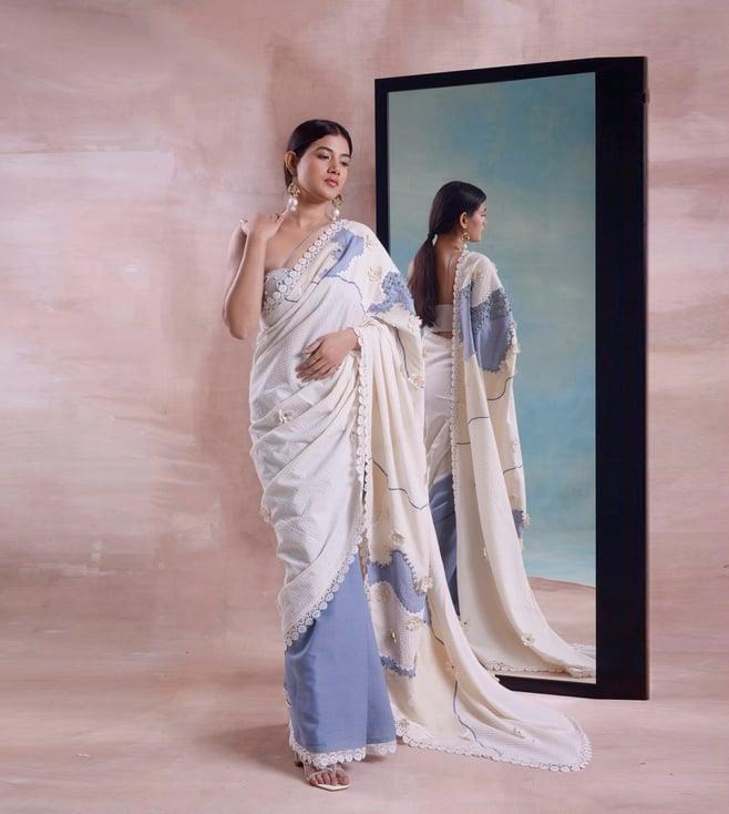 shwetanga ivory & cerulean tarang patchwork saree with blouse