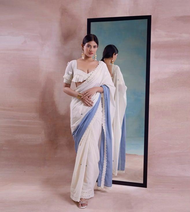 shwetanga ivory & cerulean tarang patchwork saree with ruffled blouse