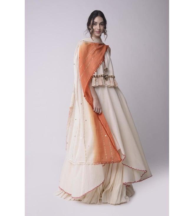 shwetanga ivory gulzaar asymmetrical layered skirt with flared crop top and ombre patch dupatta