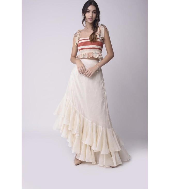 shwetanga ivory gulzaar asymmetrical ruffle skirt with patchwork smocking crop top